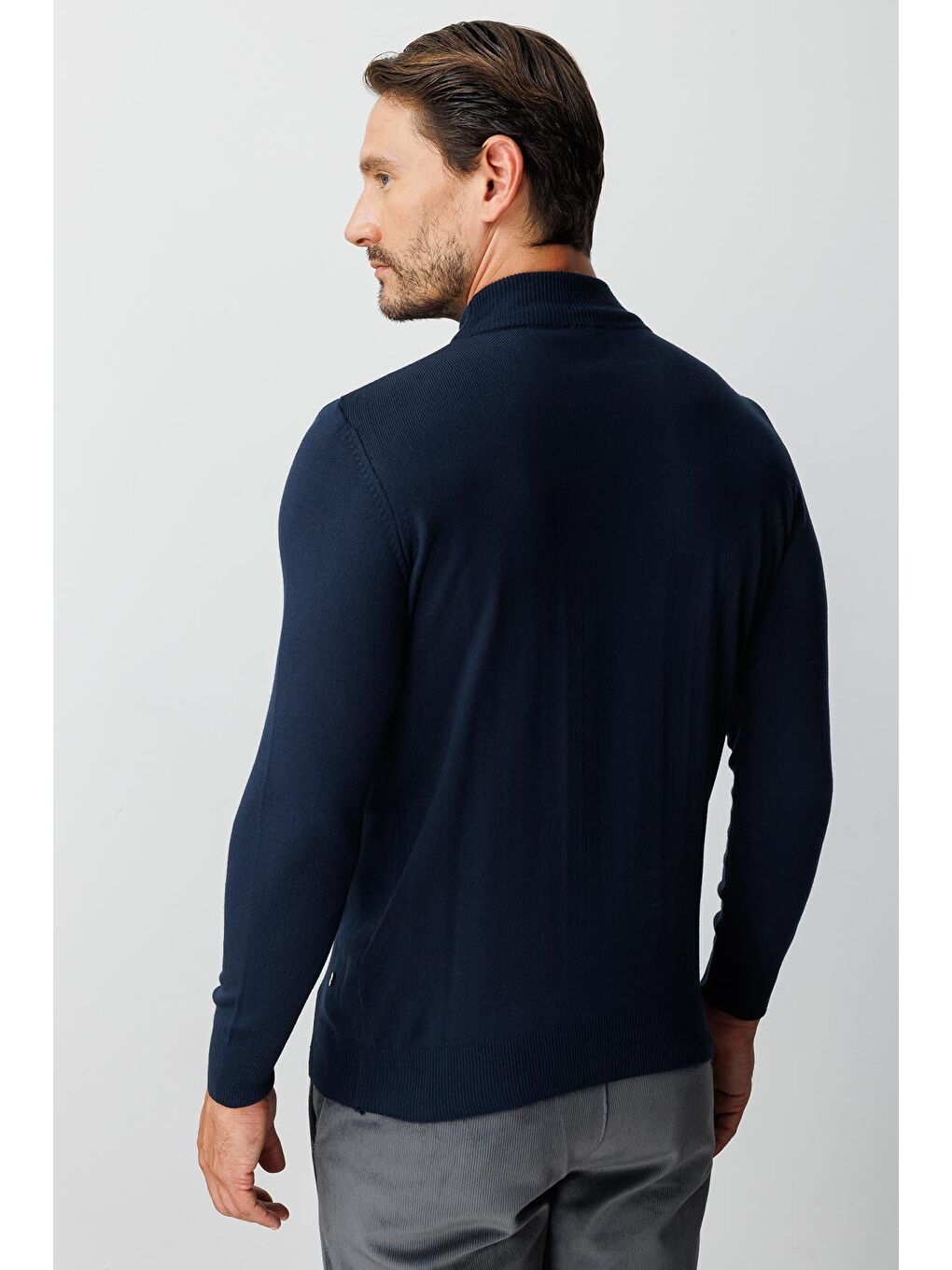 Lacivert Dar Kalıp Yarım Balıkçı Düz Uzun Kollu Triko-4