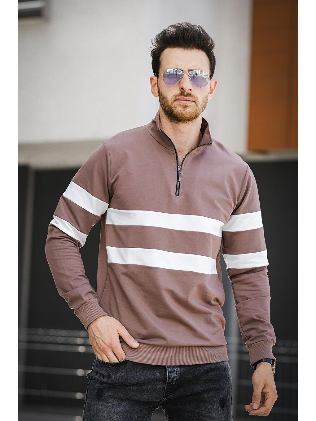 Kahverengi Nepido Çift Renkli Yarım Fermuarlı Balıkçı Yaka Erkek Sweatshirt