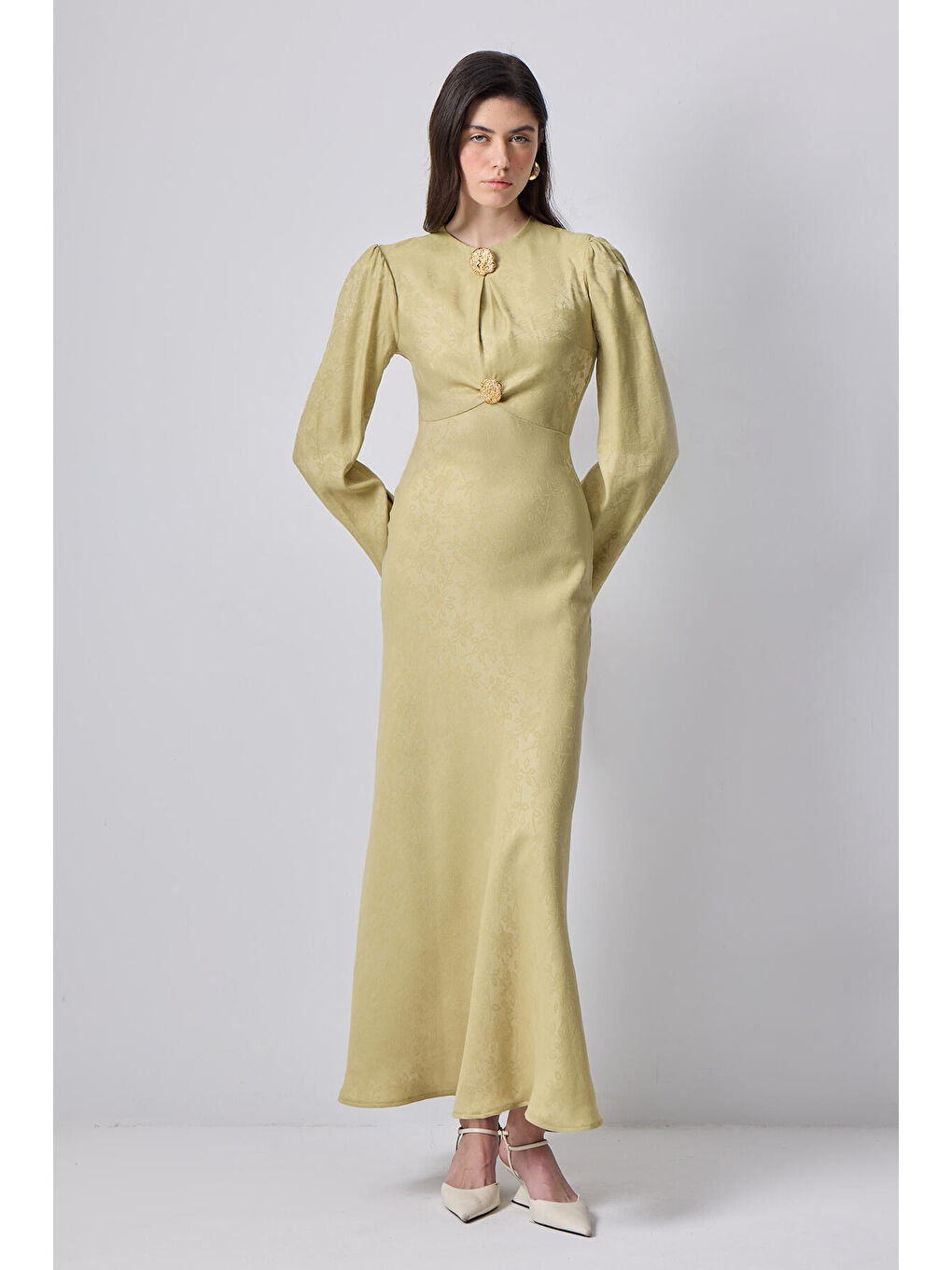 Yeşil Düğme Detaylı Jakarlı Elbise