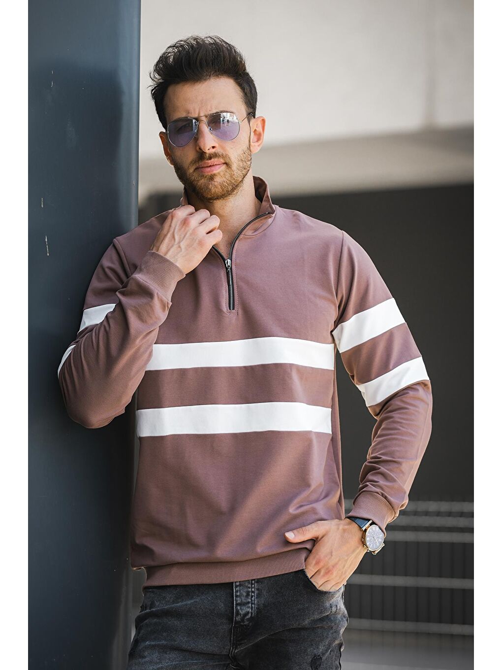 Kahverengi Nepido Çift Renkli Yarım Fermuarlı Balıkçı Yaka Erkek Sweatshirt-1