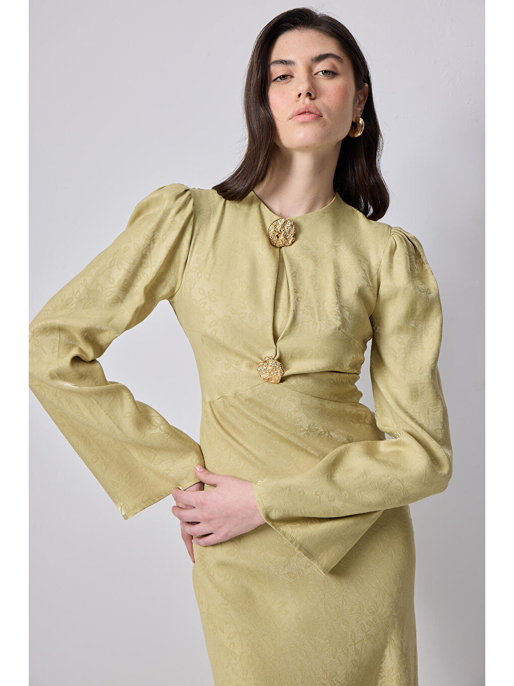 Yeşil Düğme Detaylı Jakarlı Elbise-1