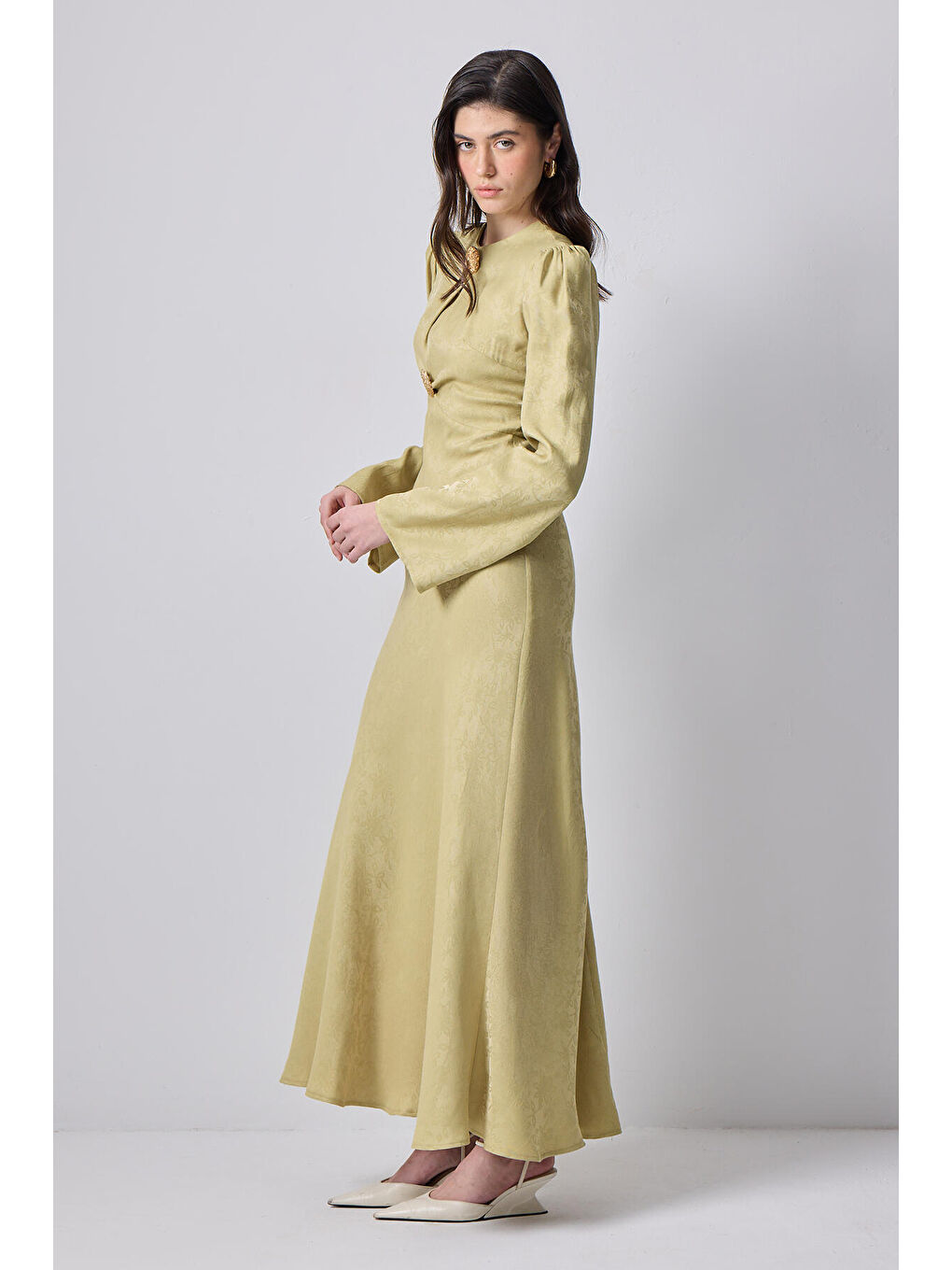 Yeşil Düğme Detaylı Jakarlı Elbise-2