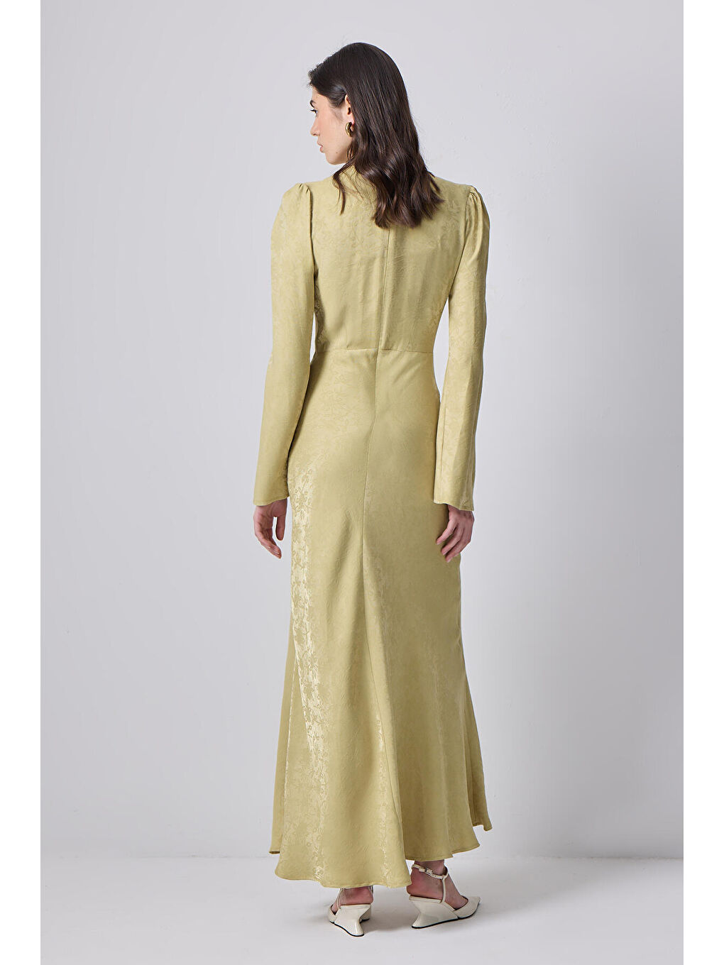 Yeşil Düğme Detaylı Jakarlı Elbise-3