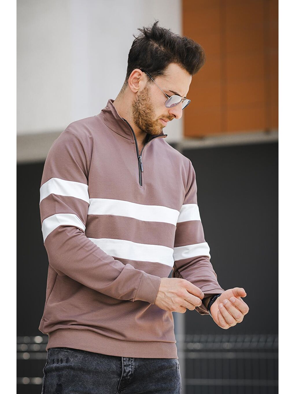 Kahverengi Nepido Çift Renkli Yarım Fermuarlı Balıkçı Yaka Erkek Sweatshirt-2