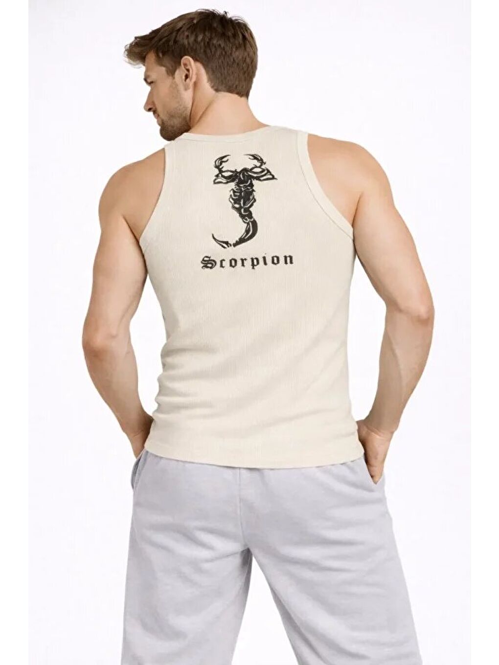 Ekru Erkek Fitilli Atlet Sıfır Yaka Slim Fit Arka Baskılı Spor Atlet - Krem