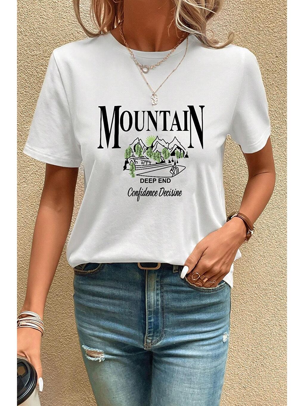 uyguntarz Beyaz Unisex Montain Baskılı T-shirt