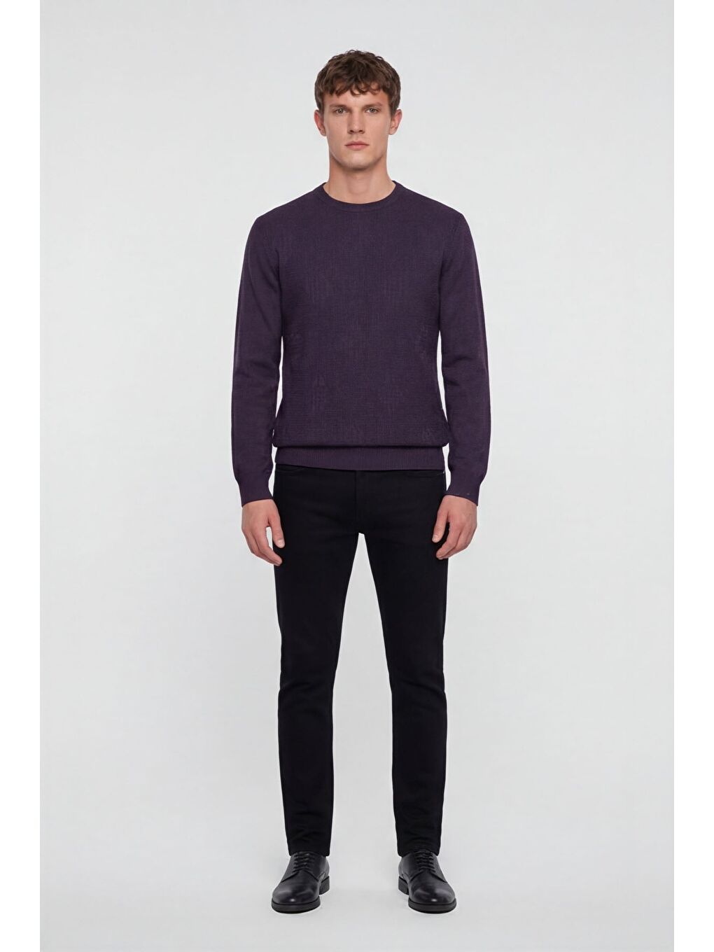 Erkek Mor Normal Kesim Regular Fit Yünlü Dokuma Bisiklet Yaka Triko Kazak-1