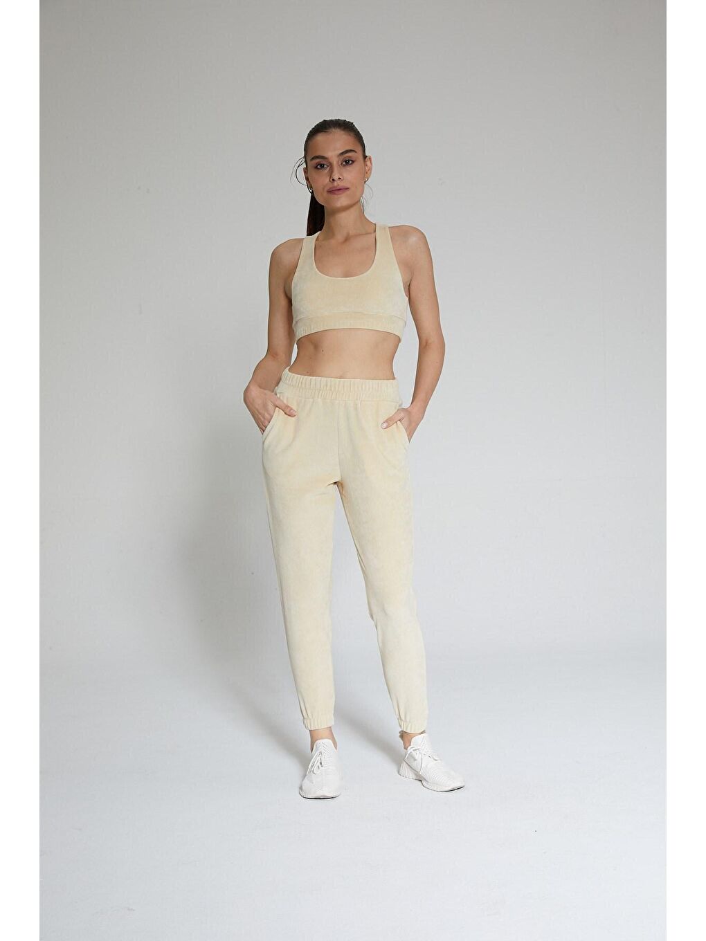 Chandraswear Bej Kadın Kadife Jogger Pantolon - Vale - 2