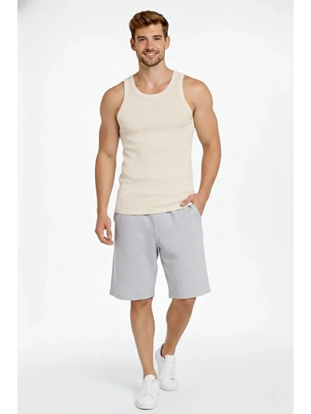 Ekru Erkek Fitilli Atlet Sıfır Yaka Slim Fit Arka Baskılı Spor Atlet - Krem-1