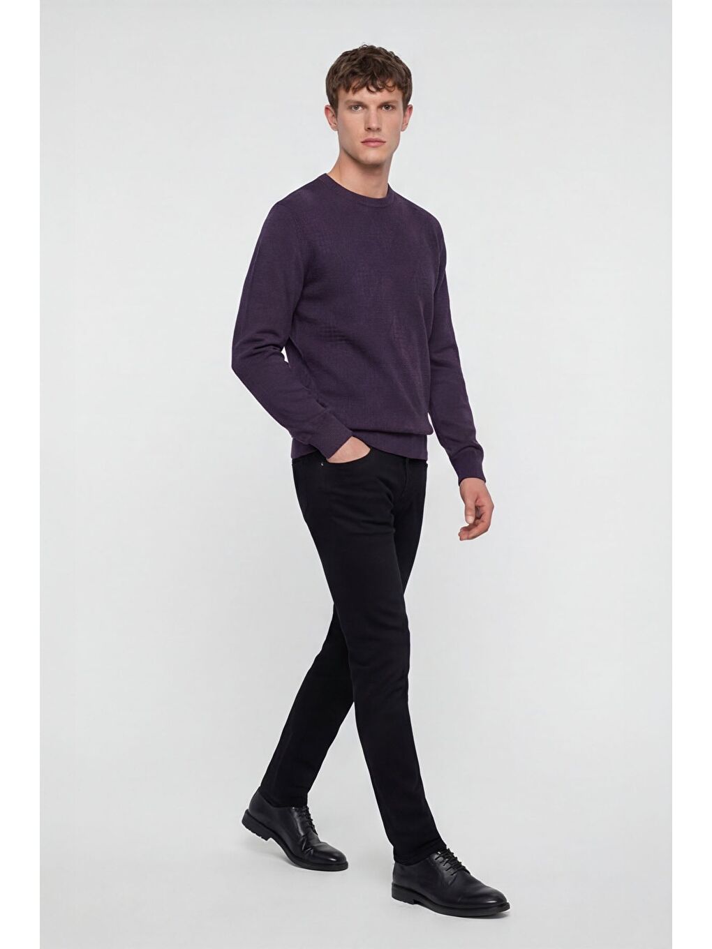 Erkek Mor Normal Kesim Regular Fit Yünlü Dokuma Bisiklet Yaka Triko Kazak-2