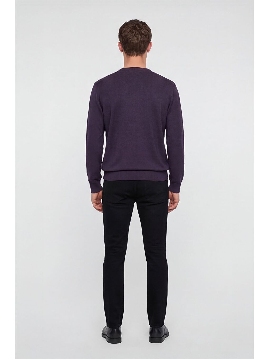 Erkek Mor Normal Kesim Regular Fit Yünlü Dokuma Bisiklet Yaka Triko Kazak-3