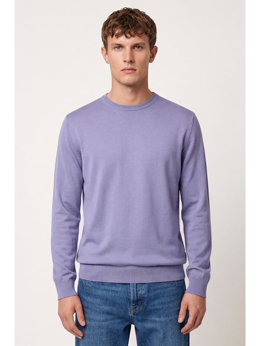 Erkek Lila Normal Kesim Regular Fit Yünlü Düz Triko Kazak