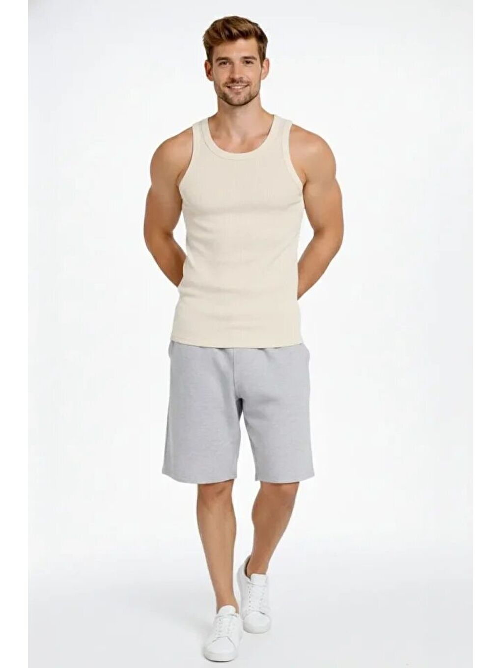 Ekru Erkek Fitilli Atlet Sıfır Yaka Slim Fit Arka Baskılı Spor Atlet - Krem-2