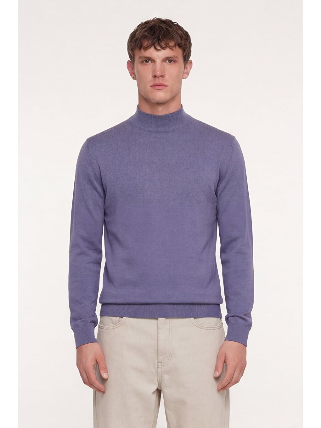 Erkek Lila Dar Kesim Slim Fit Yünlü Dokuma Düz Yarım Balıkçı Yaka Triko Kazak