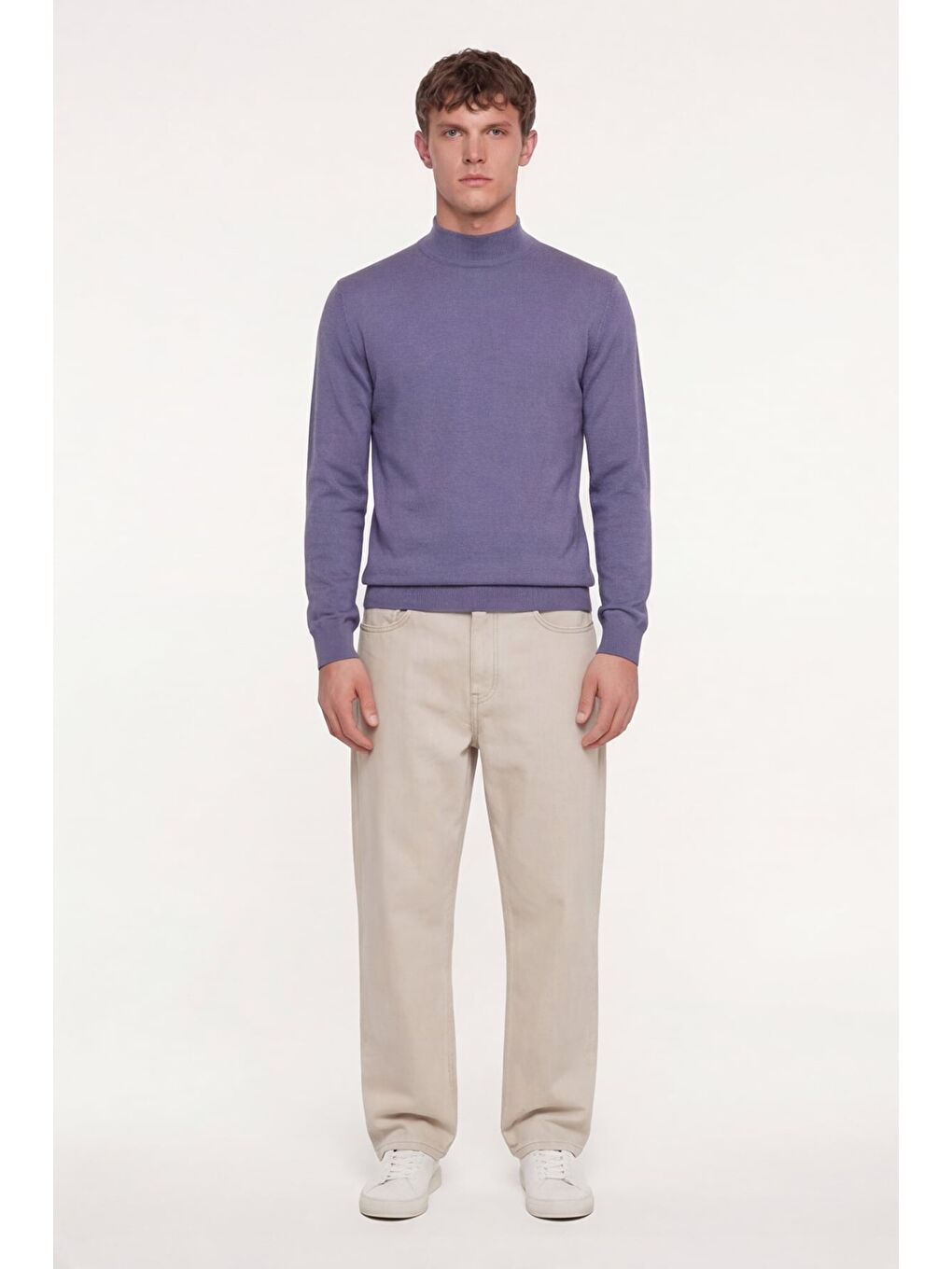 Erkek Lila Dar Kesim Slim Fit Yünlü Dokuma Düz Yarım Balıkçı Yaka Triko Kazak-1