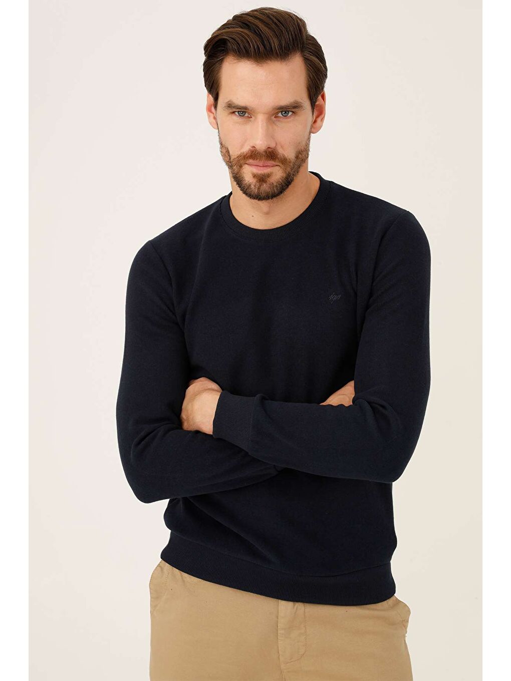 Lacivert Rahat Kalıp Bisiklet Yaka Düz Uzun Kollu Triko-4