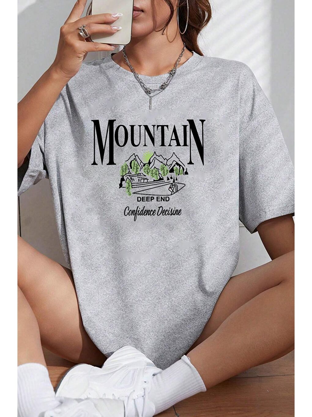 uyguntarz Gri Unisex Montain Baskılı T-shirt