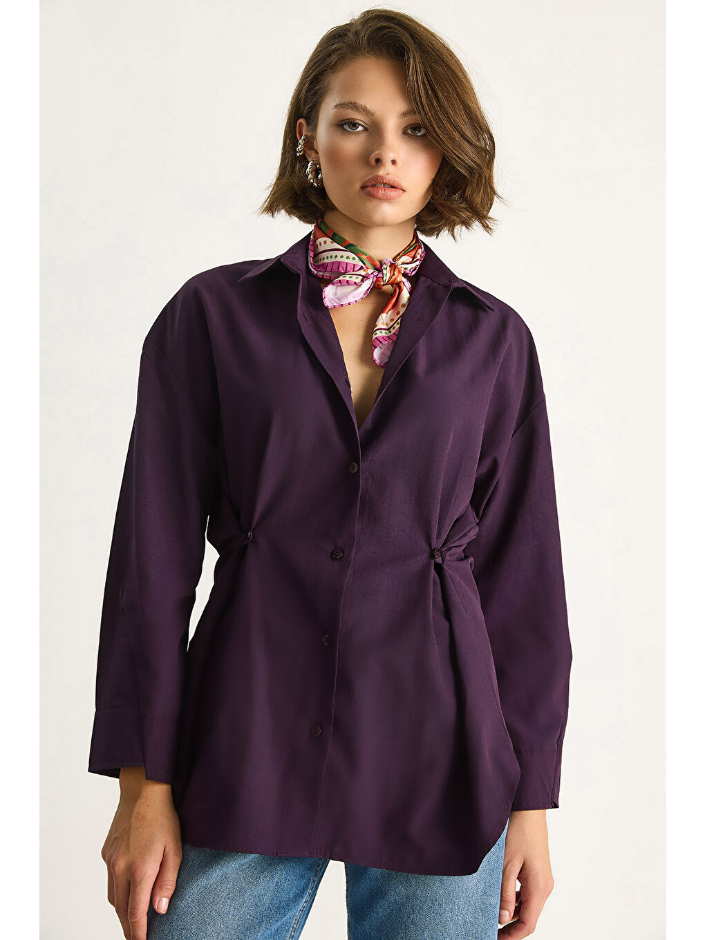 Mürdüm Kadın Belden Düğme Detaylı Regular Gömlek