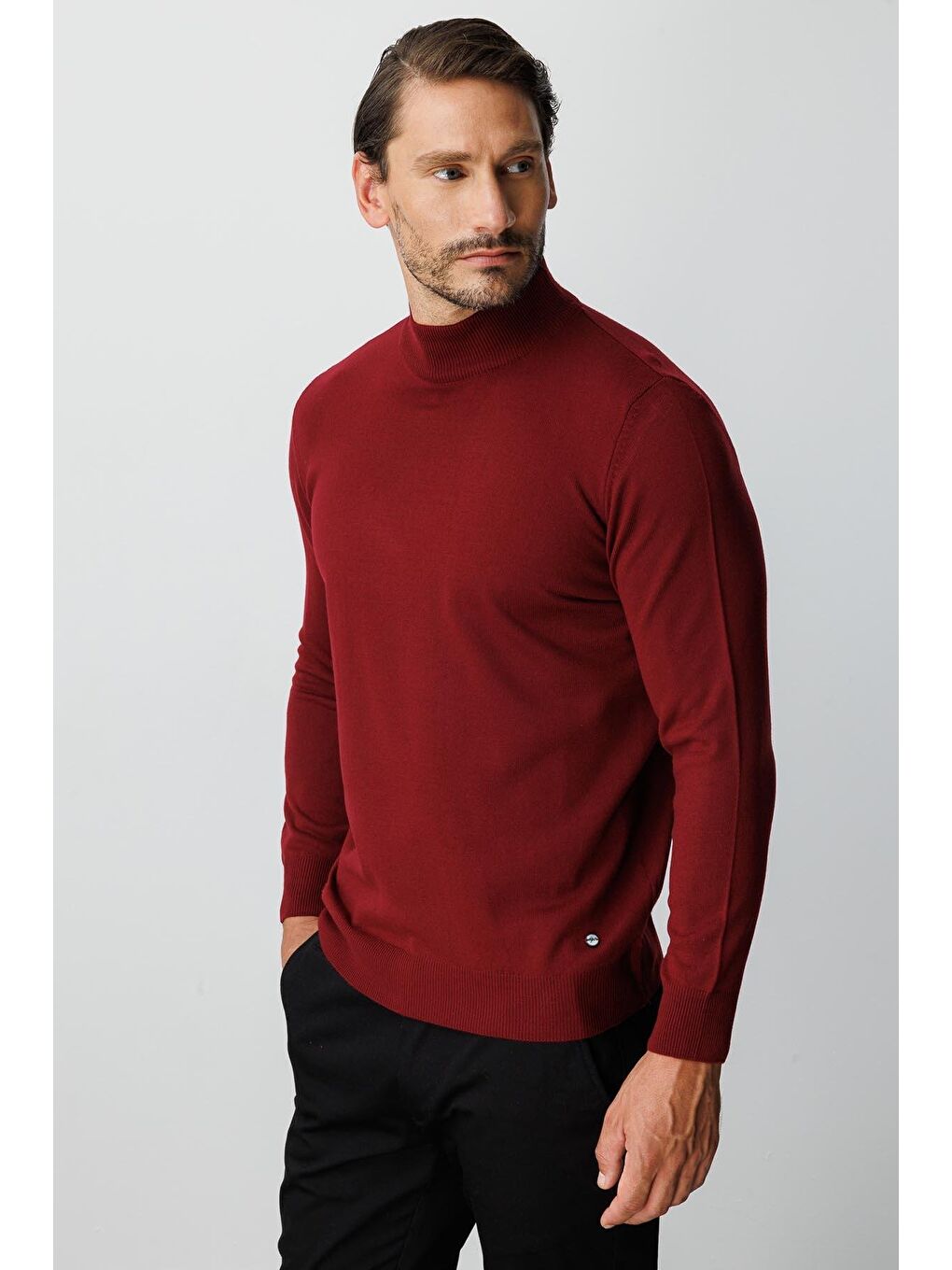 Bordo Dar Kalıp Yarım Balıkçı Düz Uzun Kollu Triko-1