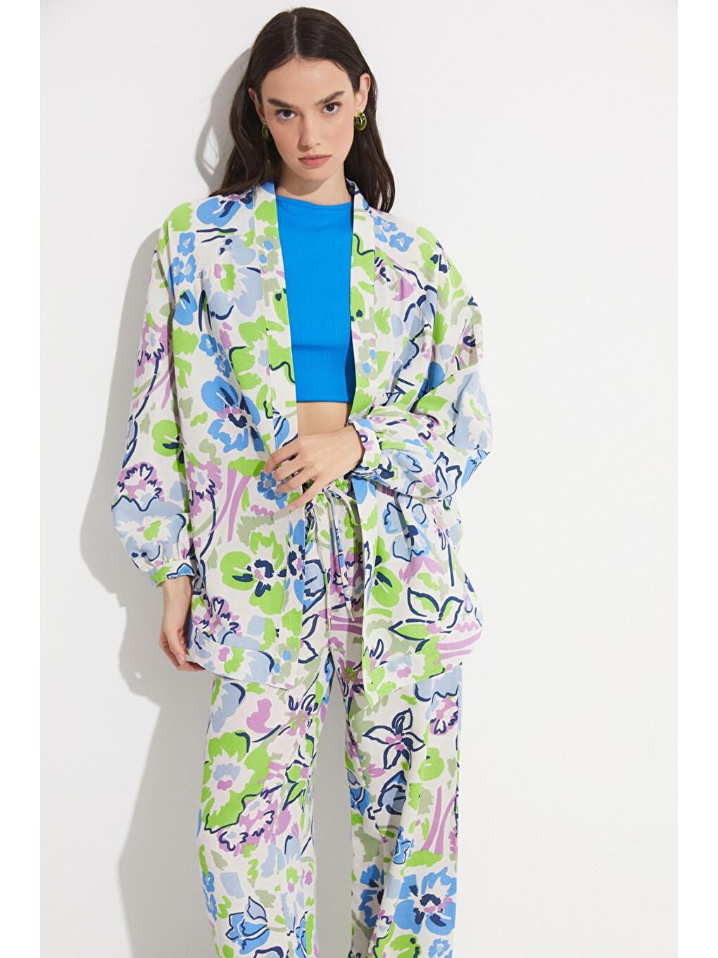 June Yeşil Exclusive Çiçek Desenli Keten Karışımlı Kimono - 1