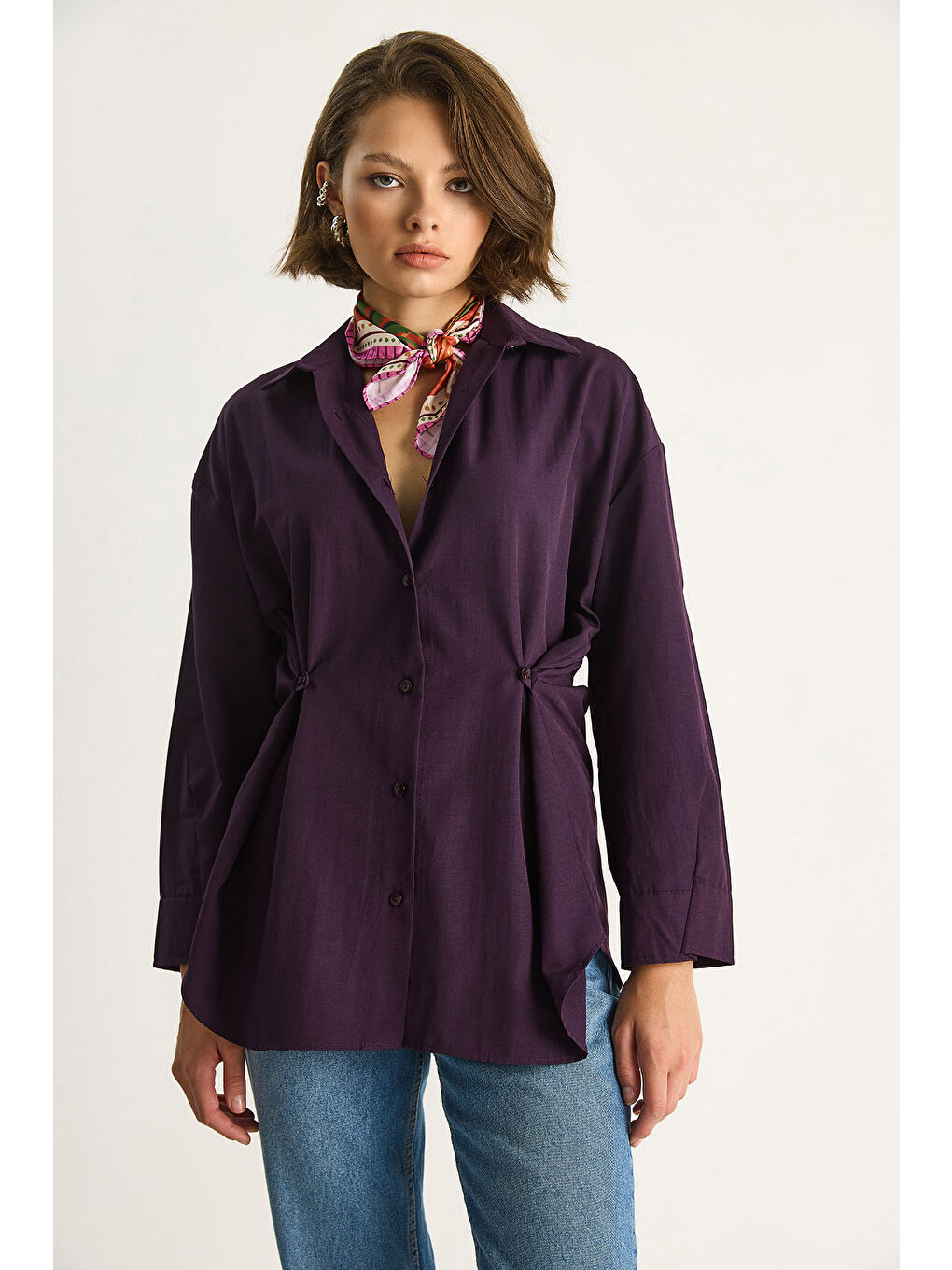 Mürdüm Kadın Belden Düğme Detaylı Regular Gömlek-1