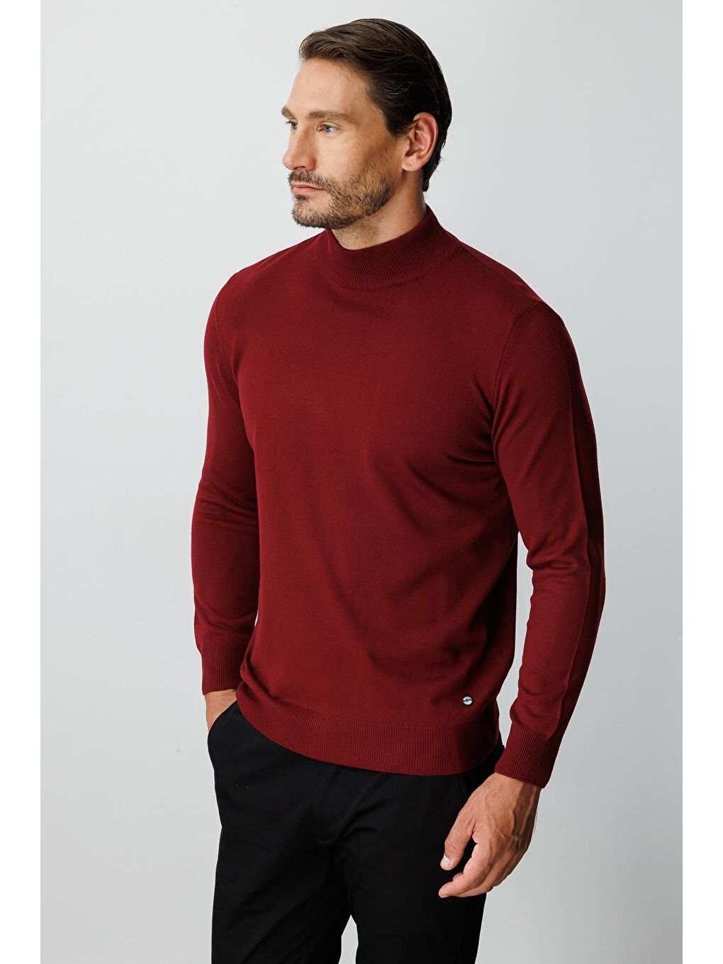 Bordo Dar Kalıp Yarım Balıkçı Düz Uzun Kollu Triko-4