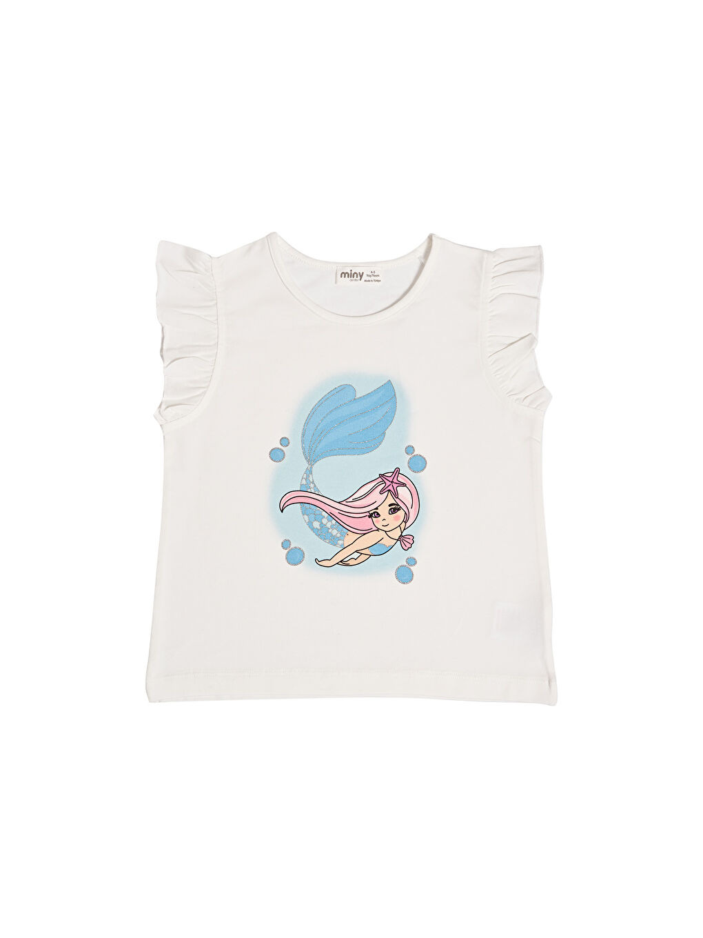 Beyaz Kız Çocuk Fırfır Kollu Baskılı Tshırt-1