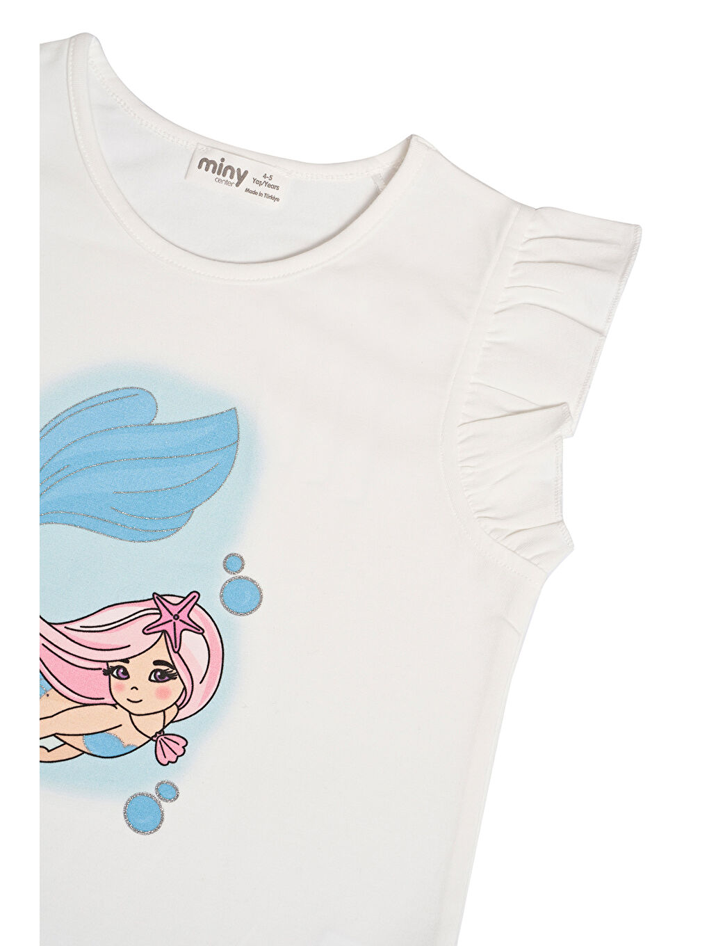 Beyaz Kız Çocuk Fırfır Kollu Baskılı Tshırt-2