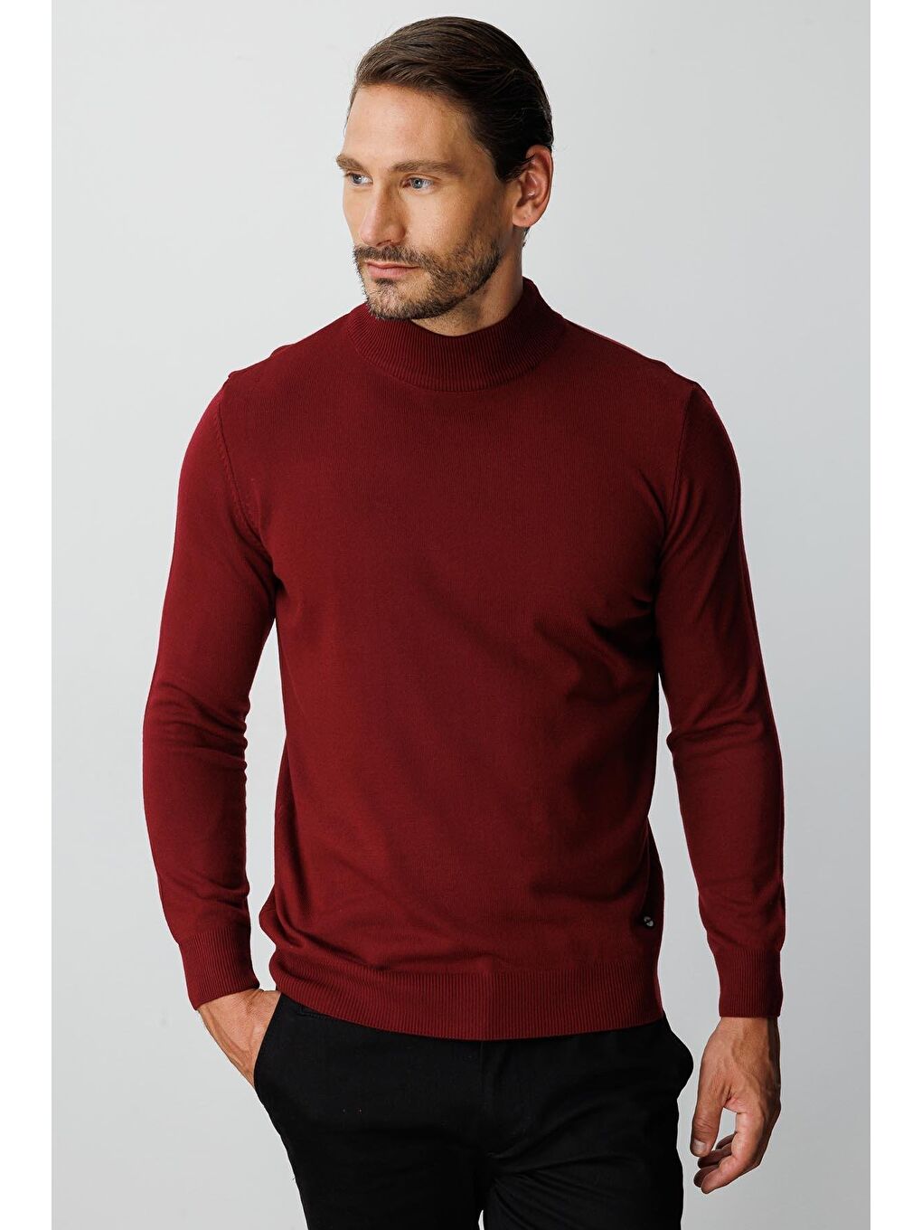 Bordo Dar Kalıp Yarım Balıkçı Düz Uzun Kollu Triko-5