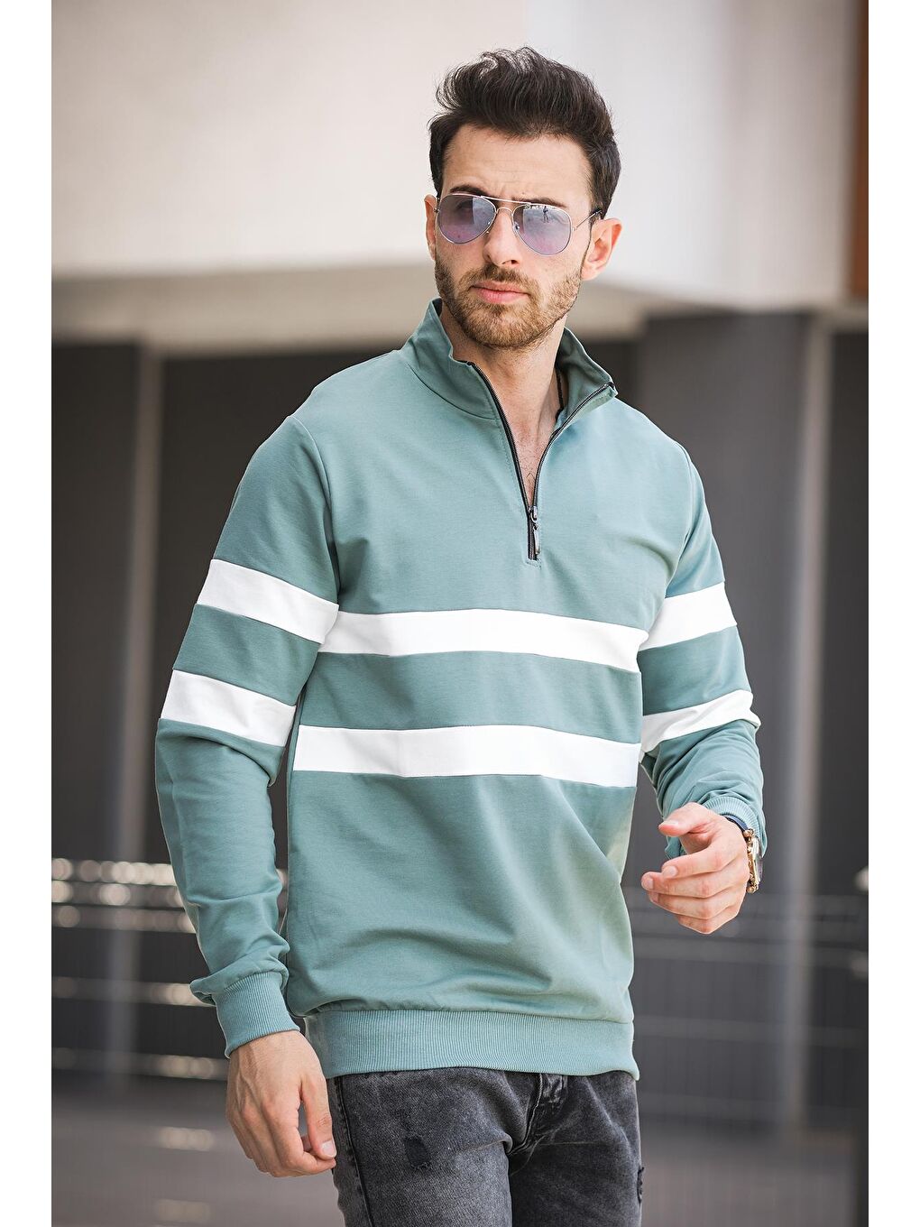 Yeşil Nepido Çift Renkli Yarım Fermuarlı Balıkçı Yaka Erkek Sweatshirt-1