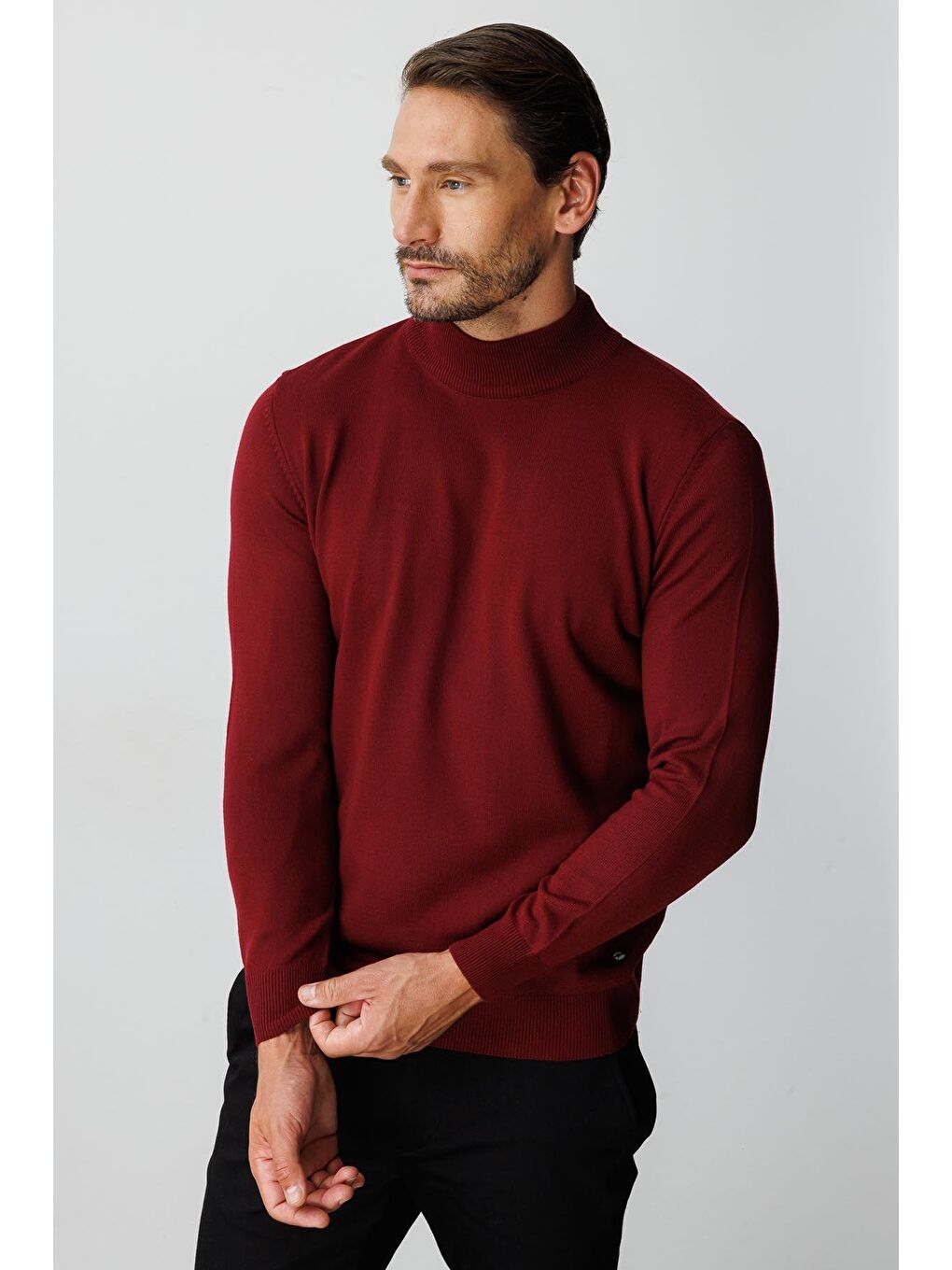 Bordo Dar Kalıp Yarım Balıkçı Düz Uzun Kollu Triko-6