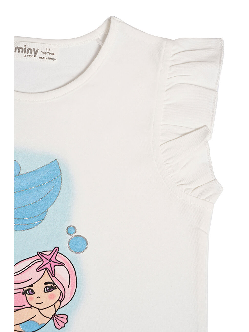 Beyaz Kız Çocuk Fırfır Kollu Baskılı Tshırt-5