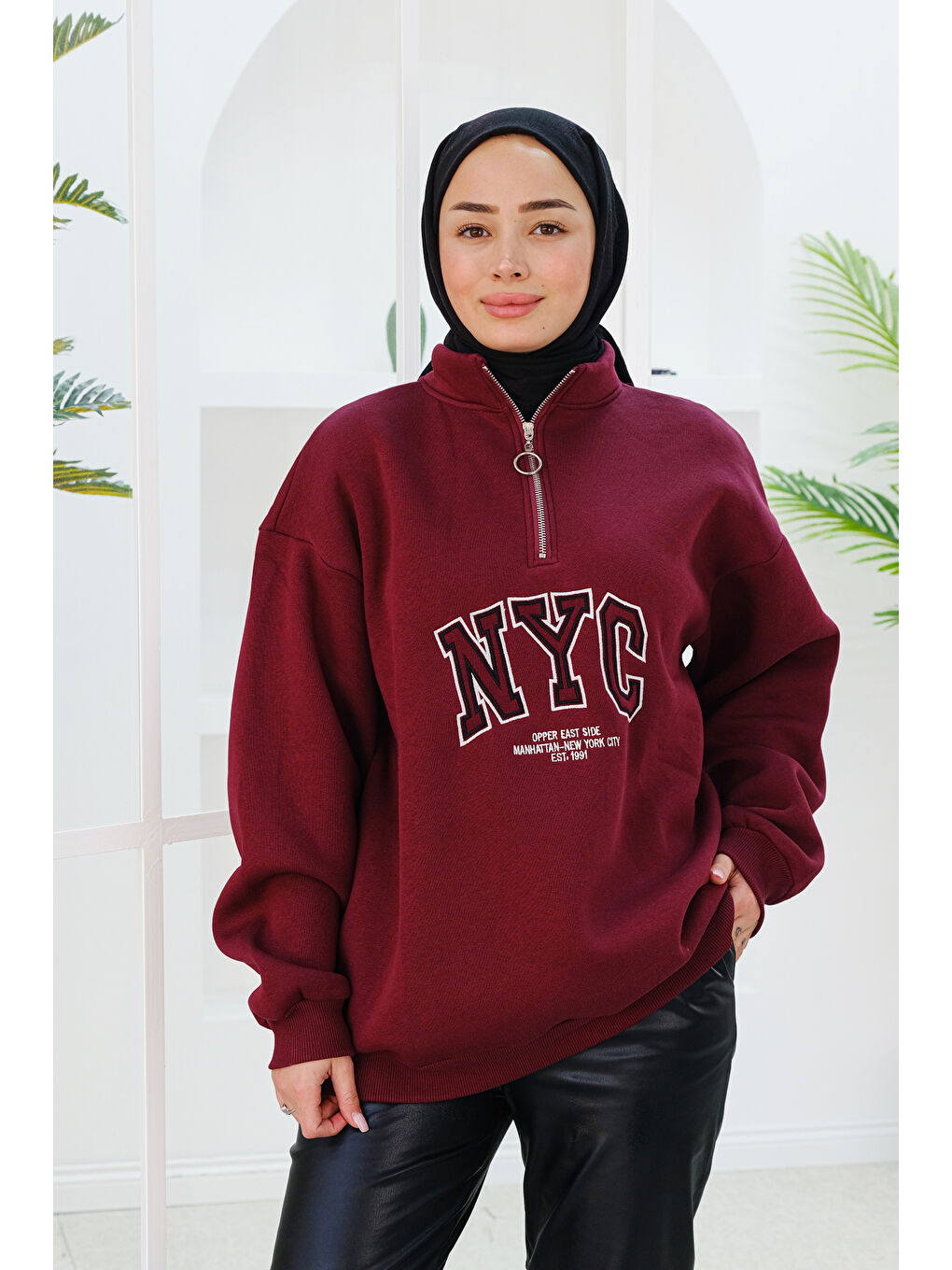 Locco Moda NYC Baskılı Yarım Fermuarlı Sweat Bordo