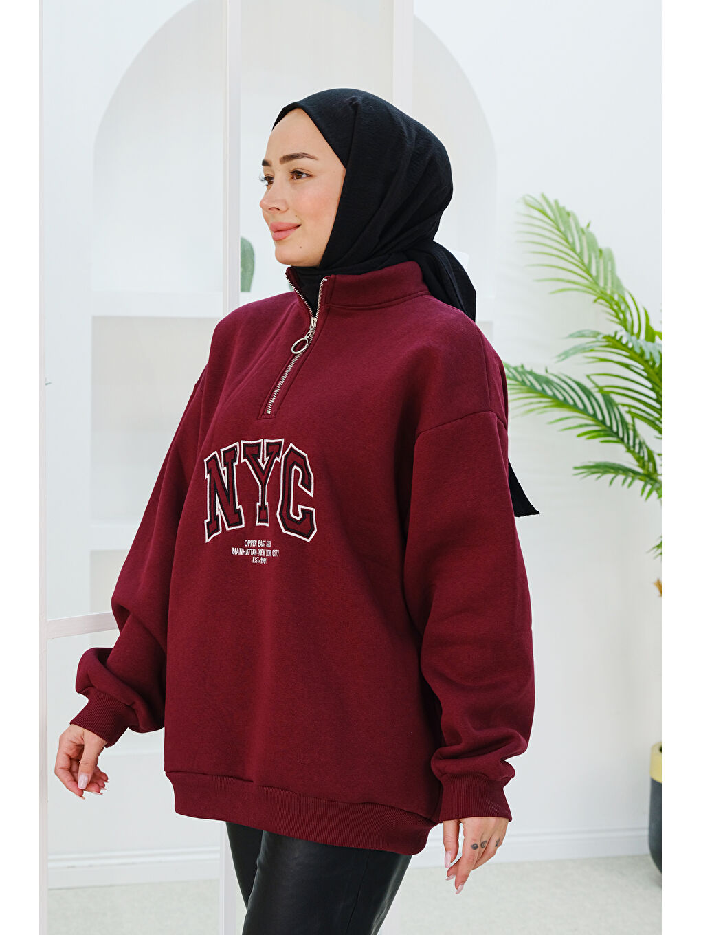 Locco Moda NYC Baskılı Yarım Fermuarlı Sweat Bordo - 1