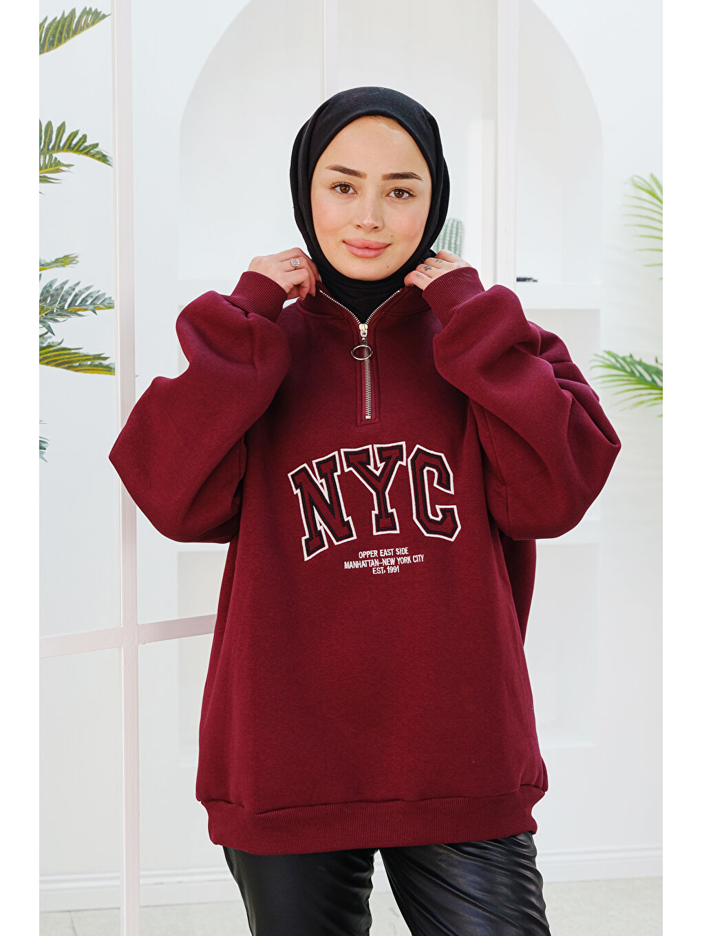 Locco Moda NYC Baskılı Yarım Fermuarlı Sweat Bordo - 2