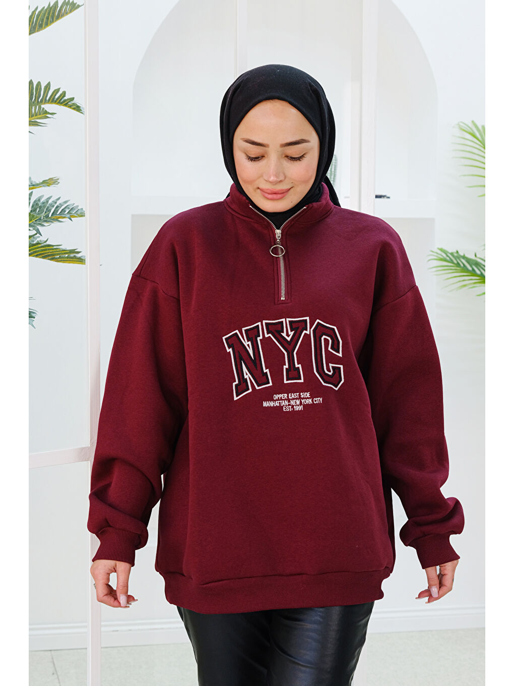 Locco Moda NYC Baskılı Yarım Fermuarlı Sweat Bordo - 3