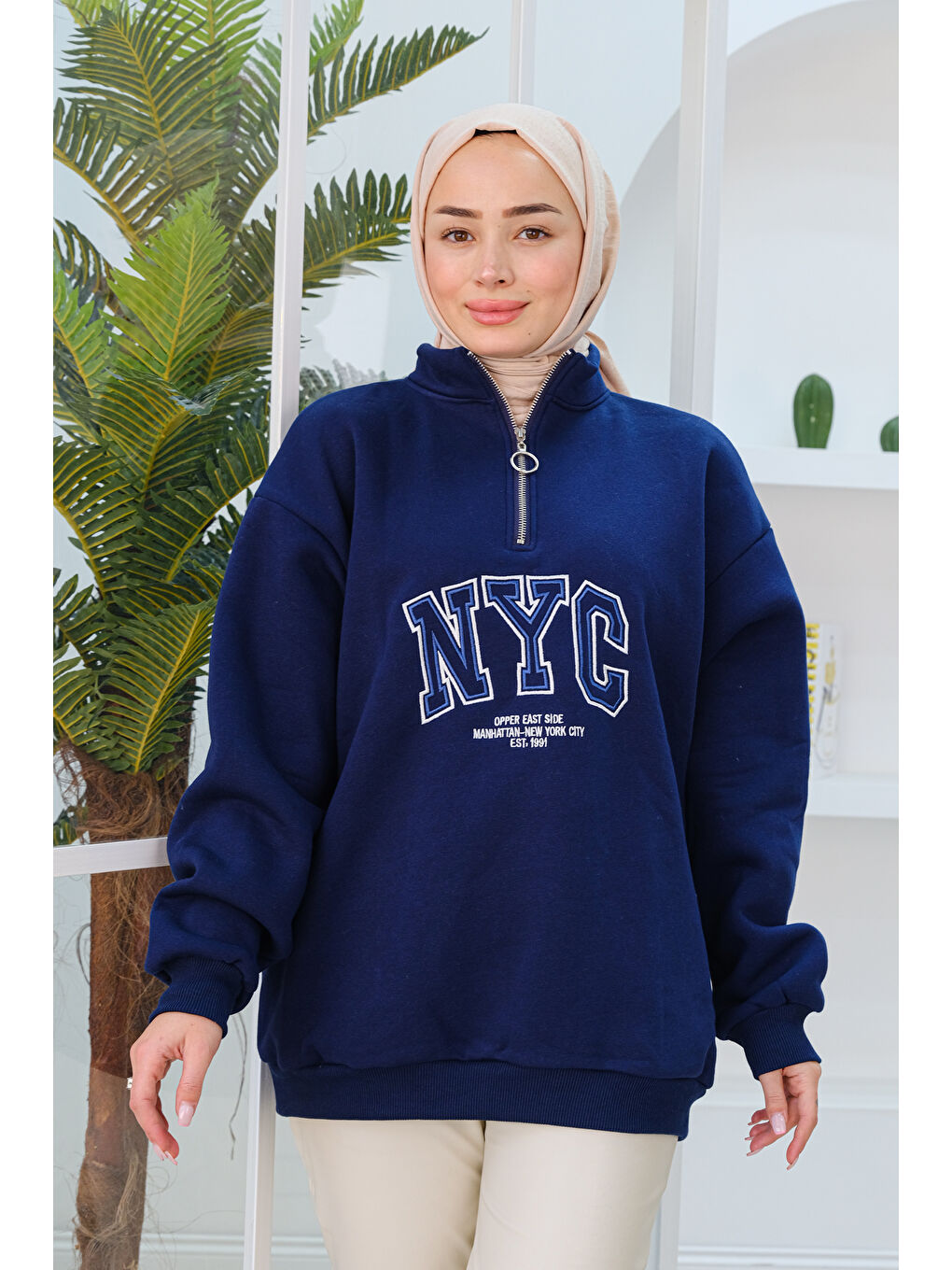 Locco Moda NYC Baskılı Yarım Fermuarlı Sweat Lacivert