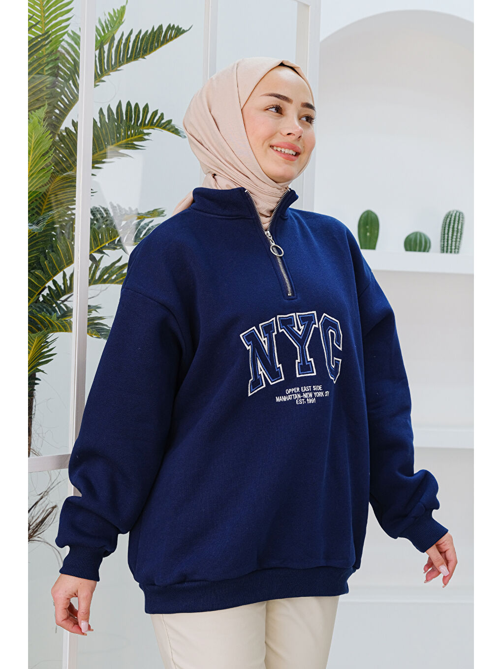 Locco Moda NYC Baskılı Yarım Fermuarlı Sweat Lacivert - 1