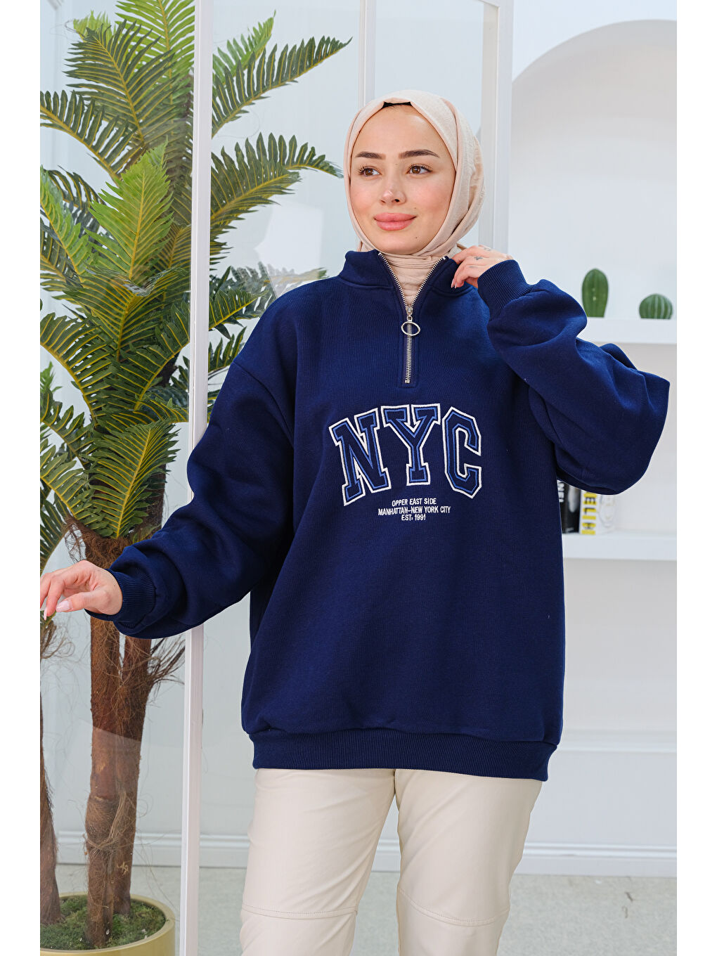 Locco Moda NYC Baskılı Yarım Fermuarlı Sweat Lacivert - 2