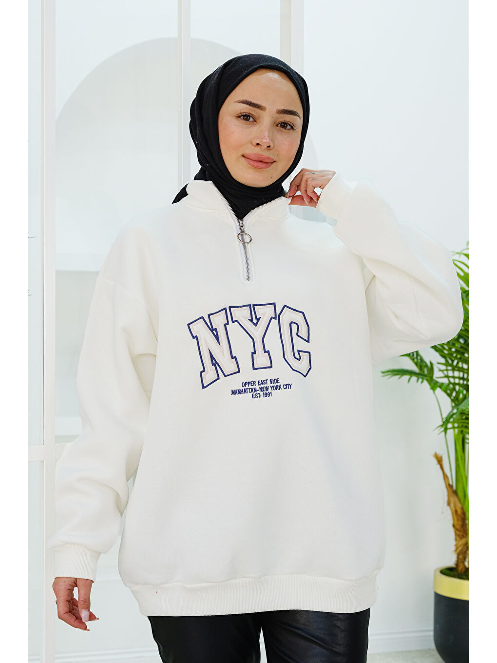 Locco Moda NYC Baskılı Yarım Fermuarlı Sweat Beyaz