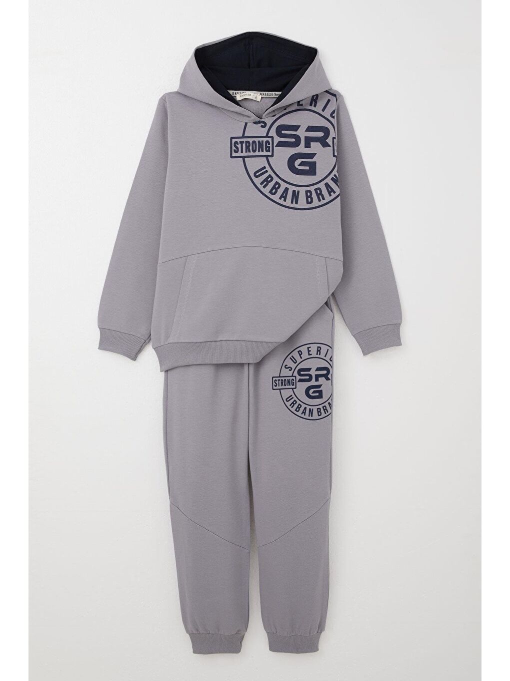 Erkek Çocuk Eşofman Takım Baskılı Kanguru Cepli Gri (6-12 Yaş)