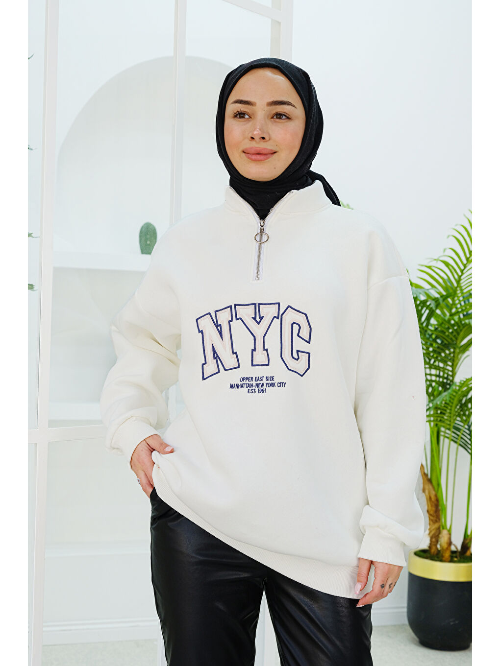 Locco Moda NYC Baskılı Yarım Fermuarlı Sweat Beyaz - 1