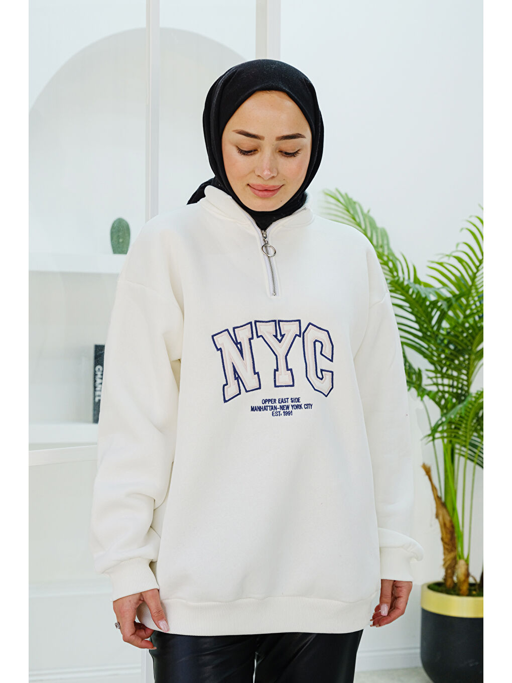 Locco Moda NYC Baskılı Yarım Fermuarlı Sweat Beyaz - 2