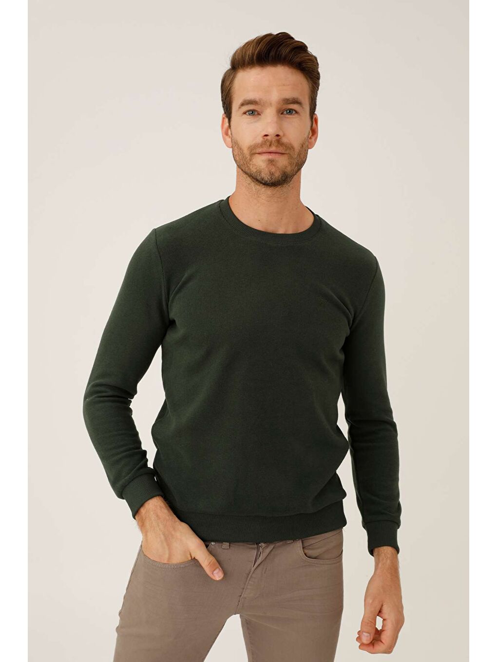 Haki Rahat Kalıp Bisiklet Yaka Düz Uzun Kollu Triko