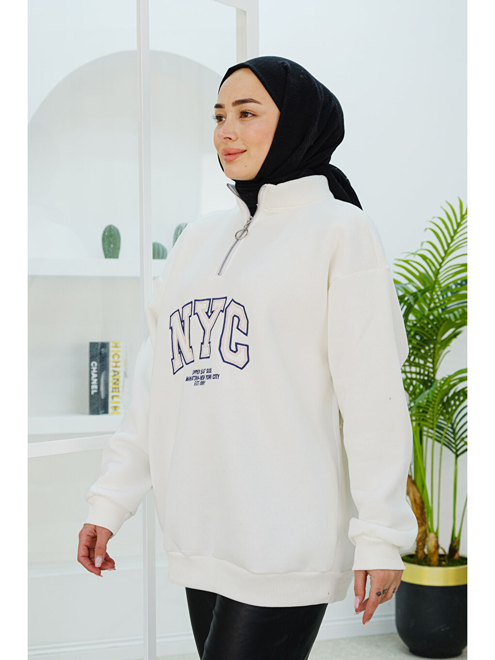 Locco Moda NYC Baskılı Yarım Fermuarlı Sweat Beyaz - 3