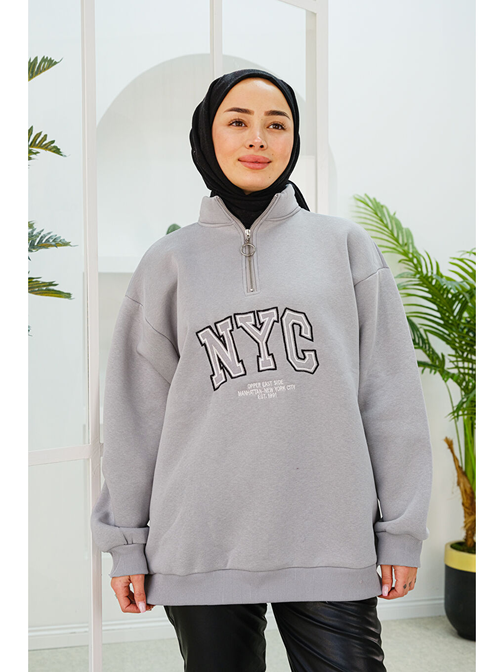 Locco Moda NYC Baskılı Yarım Fermuarlı Sweat Gri