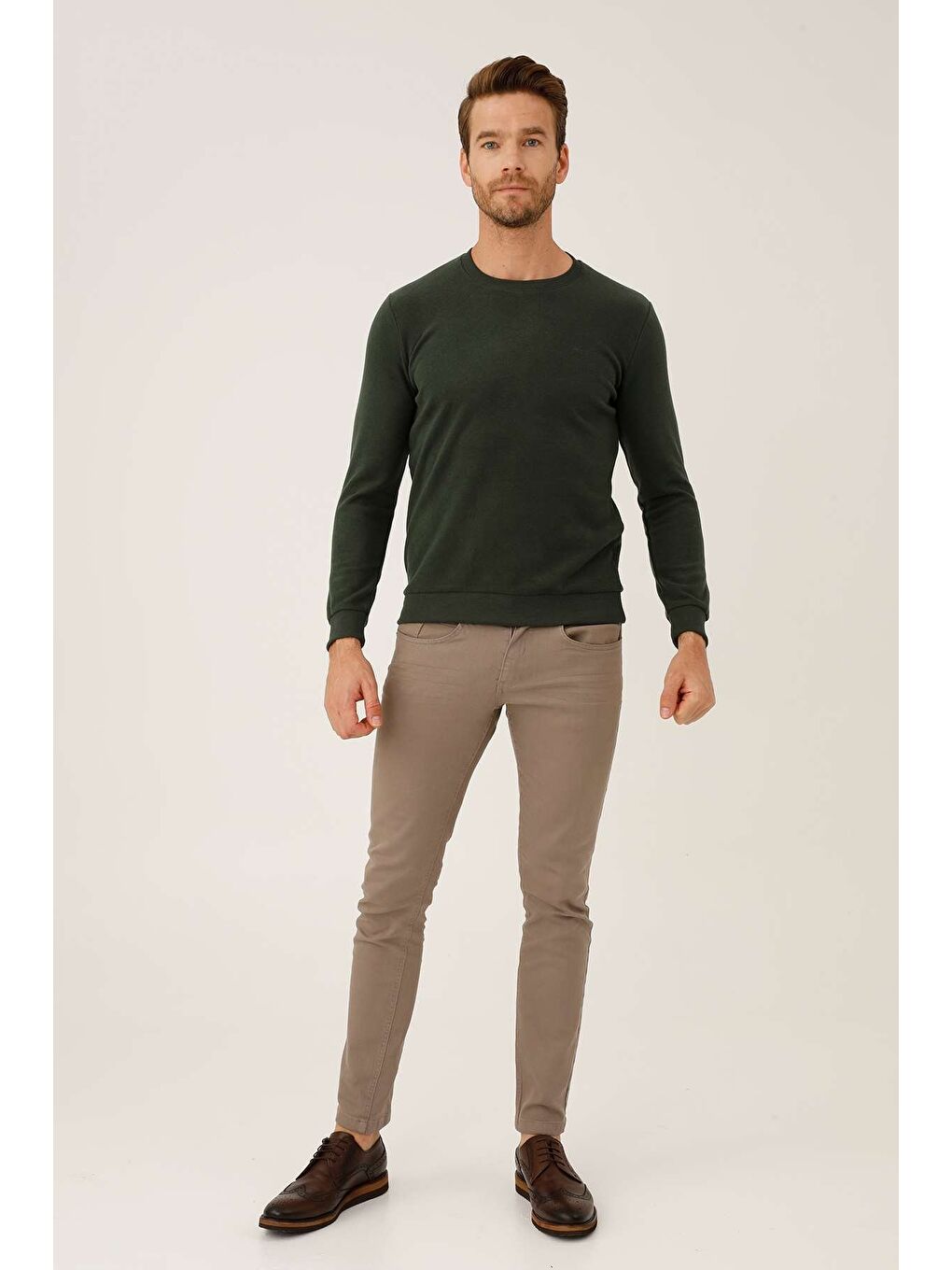 Haki Rahat Kalıp Bisiklet Yaka Düz Uzun Kollu Triko-2