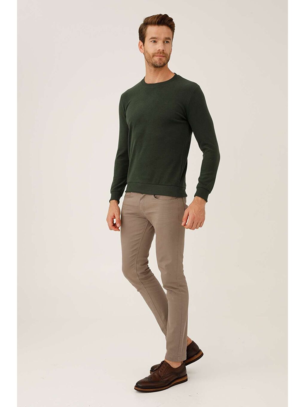 Haki Rahat Kalıp Bisiklet Yaka Düz Uzun Kollu Triko-3