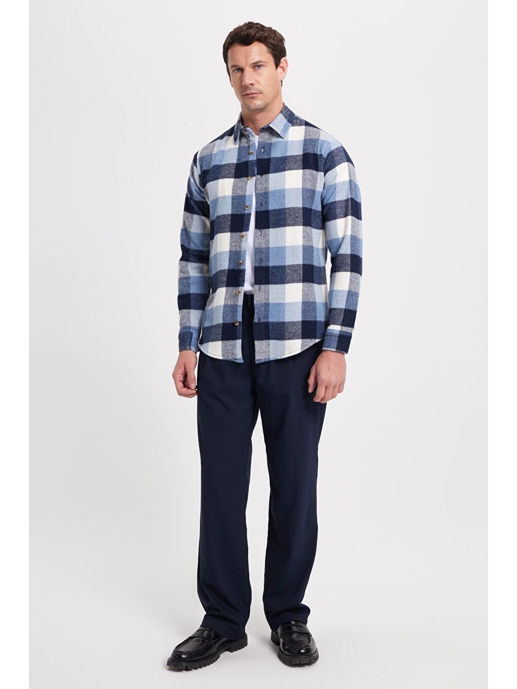 Mavi Erkek Slim Fit Dar Kesim Kareli Kışlık Oduncu Gömlek-1