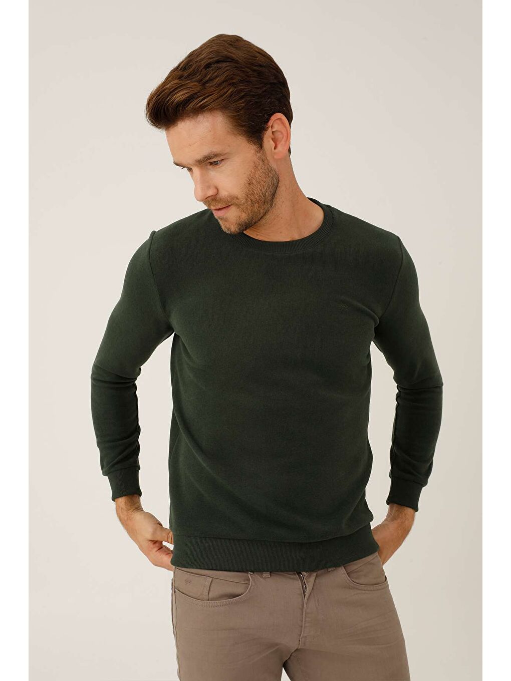 Haki Rahat Kalıp Bisiklet Yaka Düz Uzun Kollu Triko-4